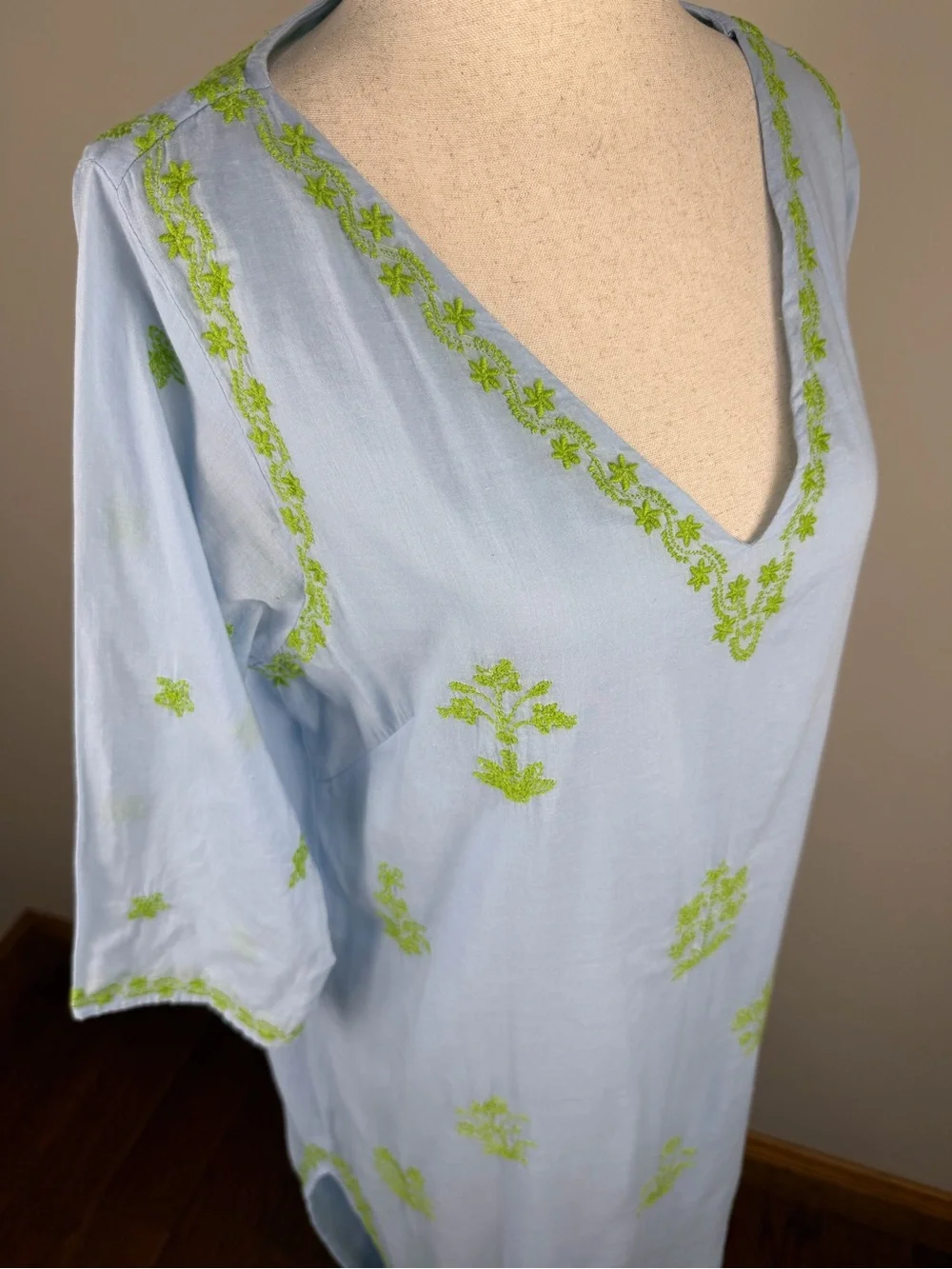 Gretchen Scott Blue Embroidered Kaftan Dress Size Small Resort Cover Up Tunic - Picture 10 of 16
